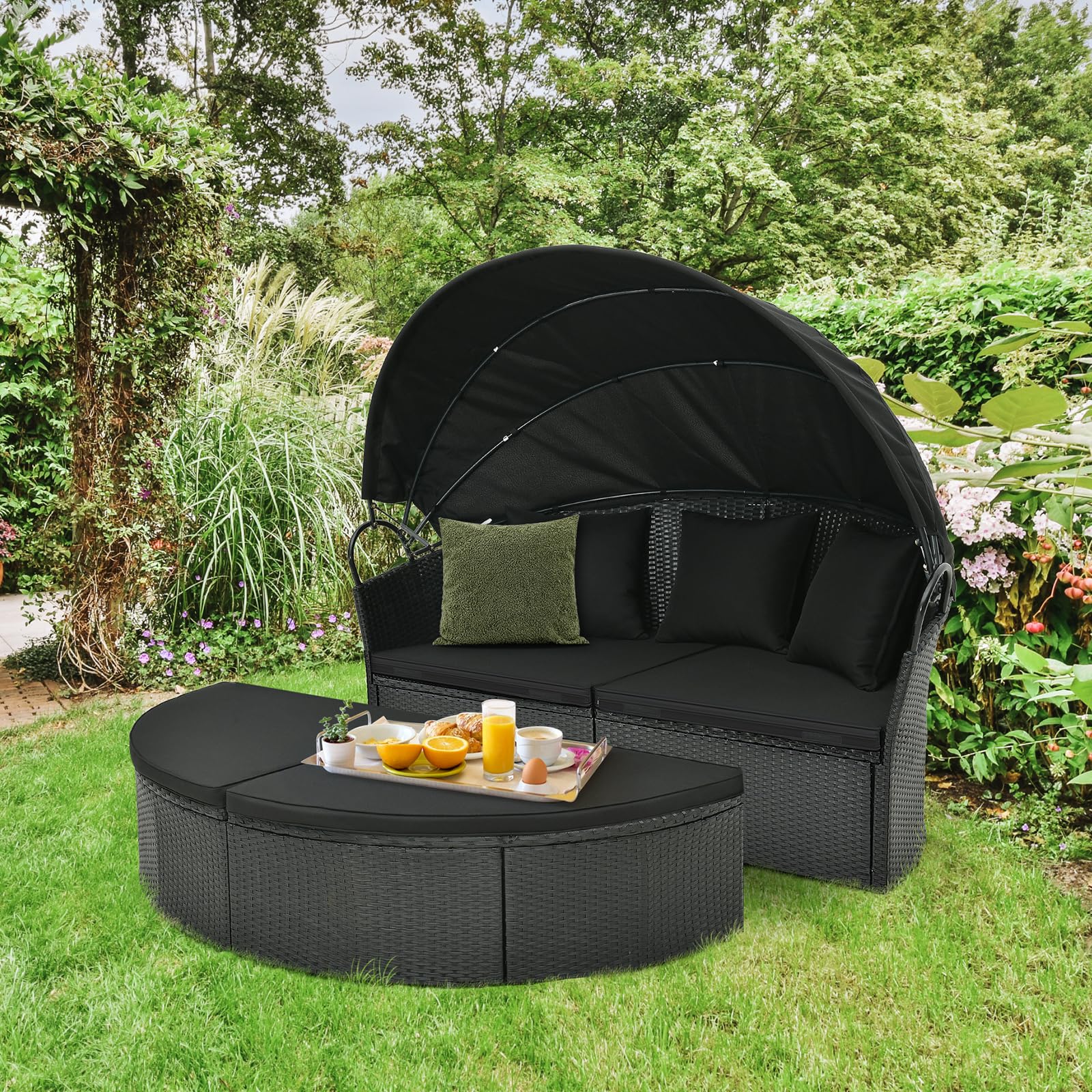 Tangkula Outdoor Patio Round Daybed with Retractable Canopy