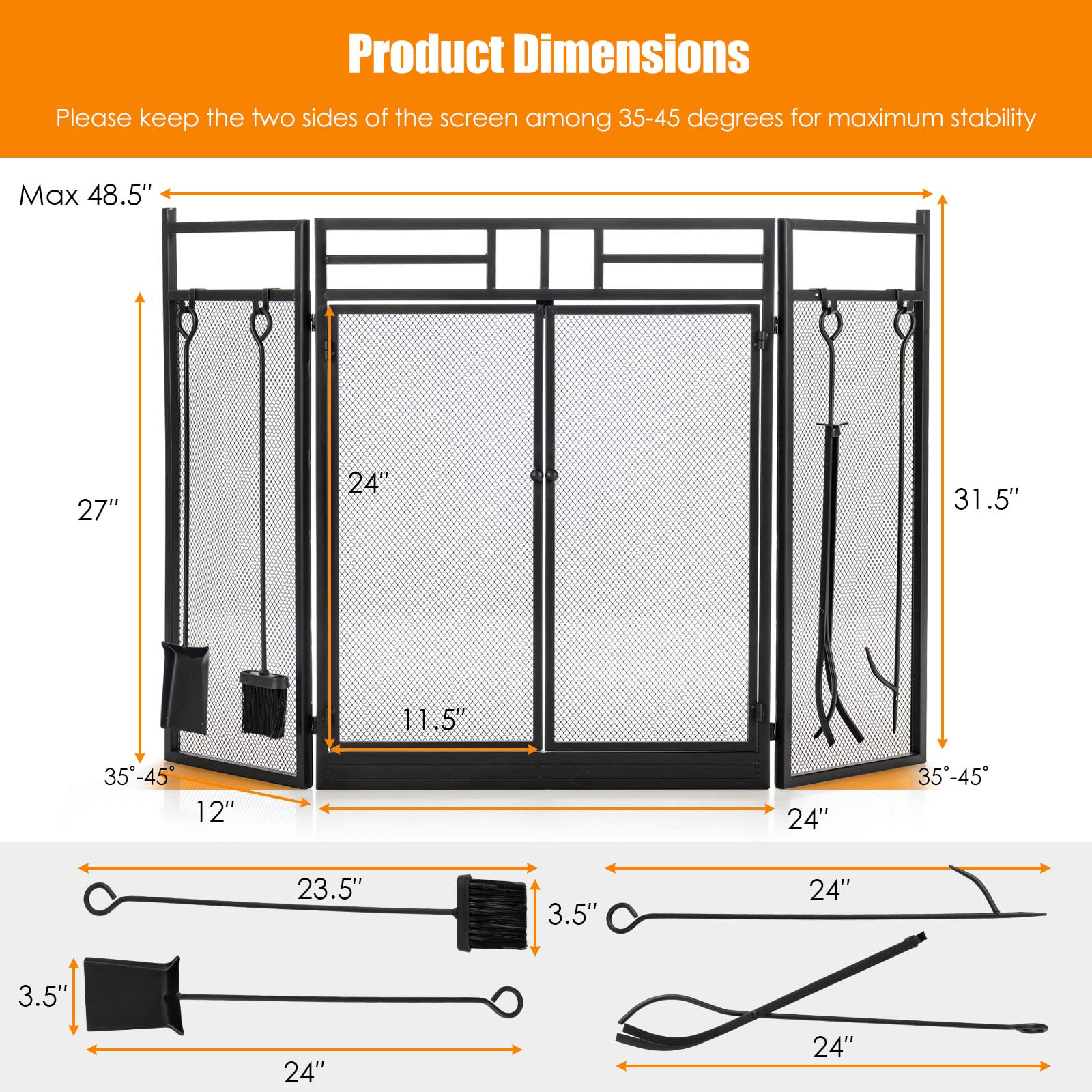 3-Panel Folding Fireplace Screen with Magnetic Hinged Doors, Mesh Cover with Wood Burning Stove Accessories, Black