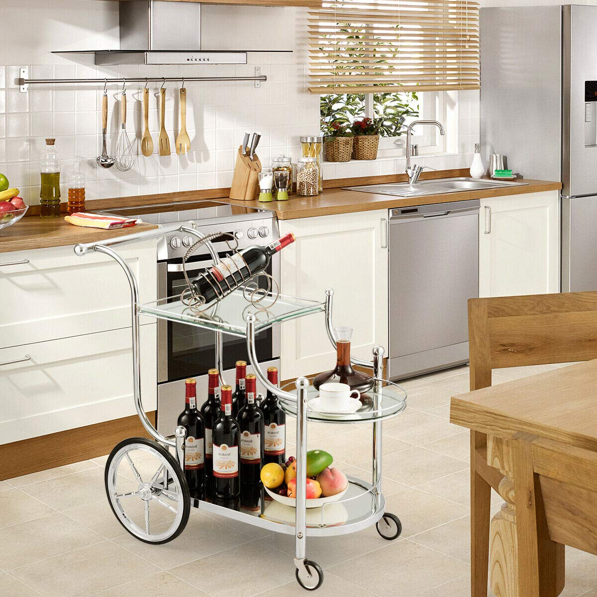 Tangkula Rolling Bar Cart, Metal Serving Cart with Tempered Glass, 3-Tier Glass Bar and Serving Cart