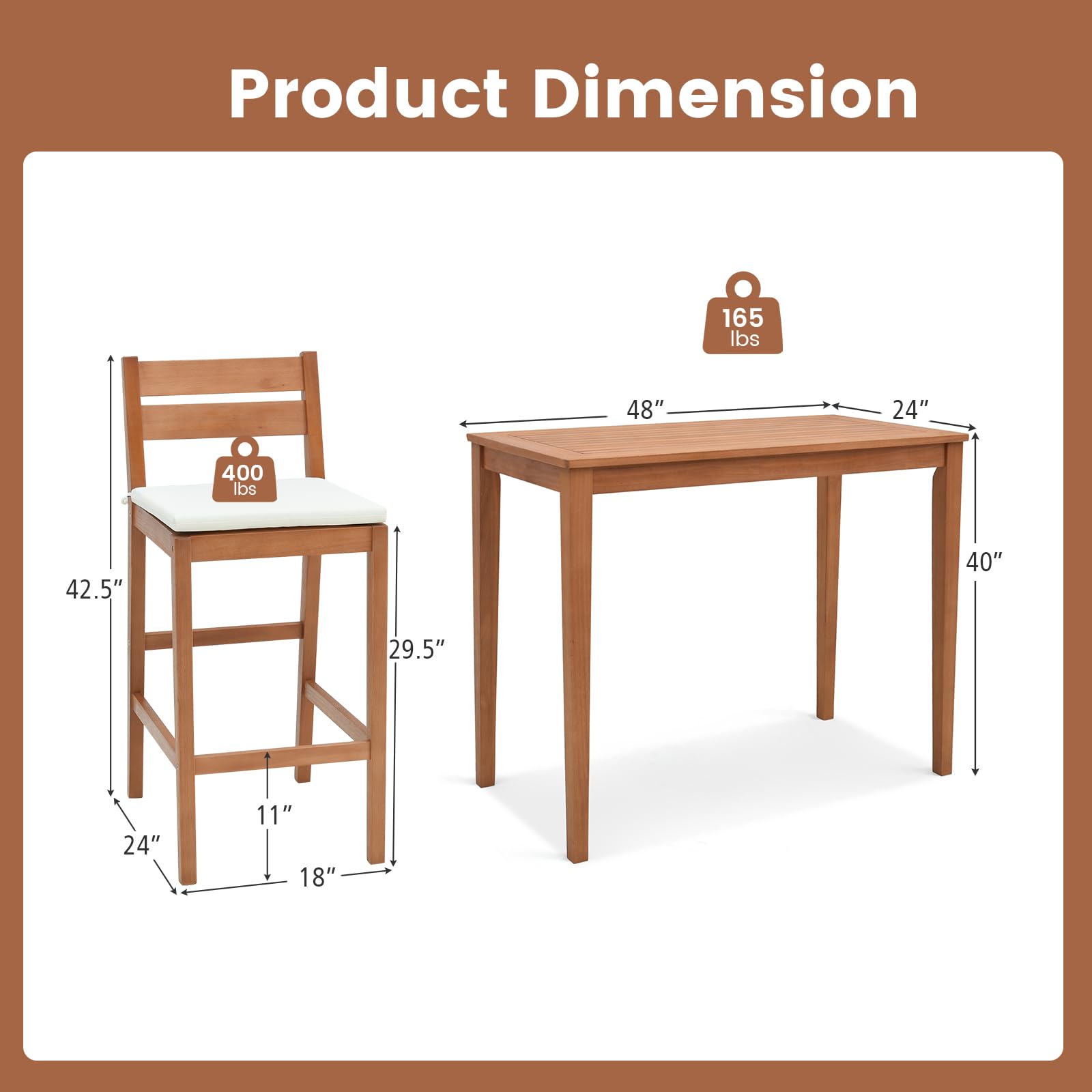 Tangkula 3 Pieces Patio Eucalyptus Wood Bar Set, Outdoor Bar Height Table and Chairs Set with Cushions