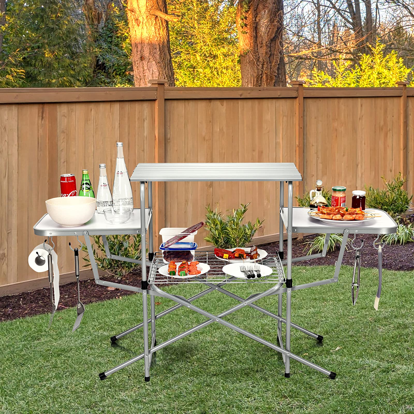 Folding Grill Table, Aluminum Camping Kitchen Table with Cook Station,