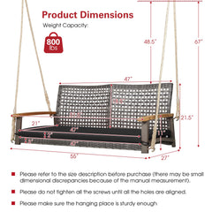 Tangkula 2-Person Outdoor Porch Swing with 118" Hanging Ropes, Patiojoy PE Wicker Patio Hanging Swing Bench