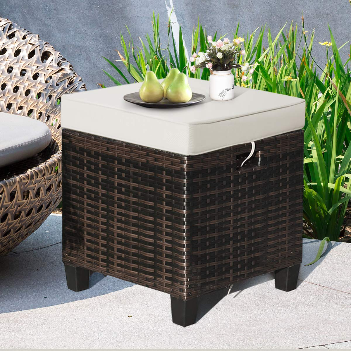 Tangkula 2 Pieces Outdoor Patio Ottoman, All Weather Rattan Wicker Ottoman Seat