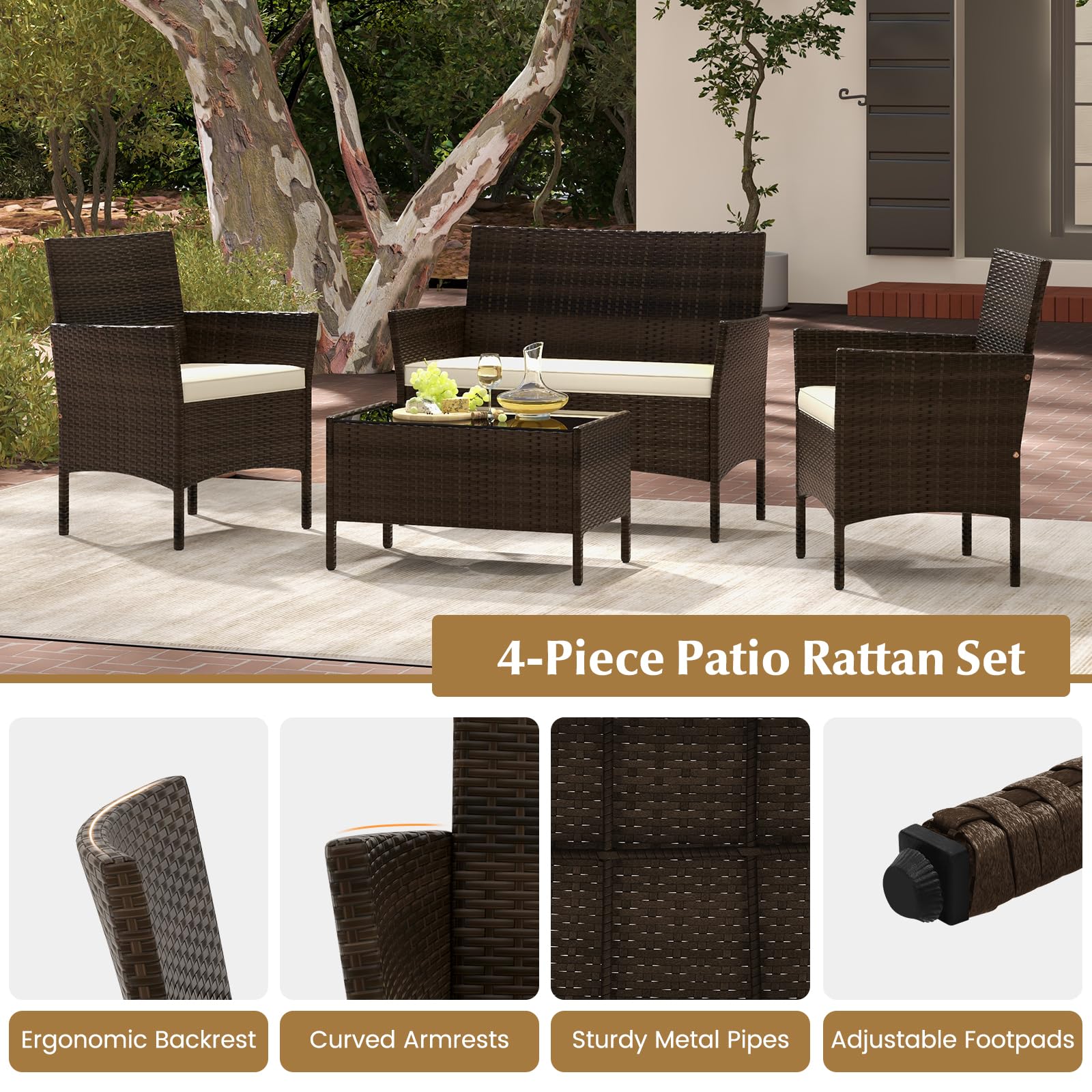 Tangkula 4/8 Piece Patio Rattan Conversation Set, Outdoor Wicker Furniture Set with Chair, Loveseat & Tempered Glass Table