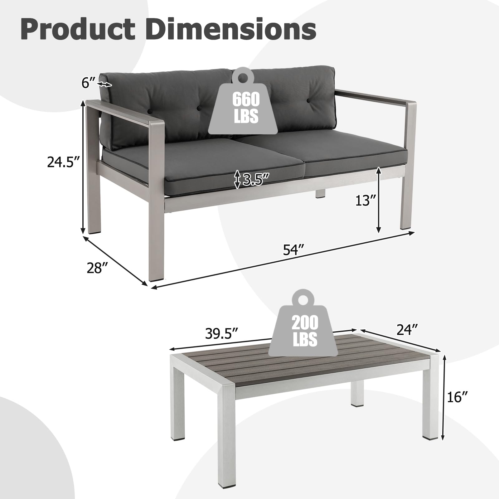 Tangkula 2 Piece Patio Aluminum Sofa Set, Contemporary 2-Person Sofa & Coffee Table