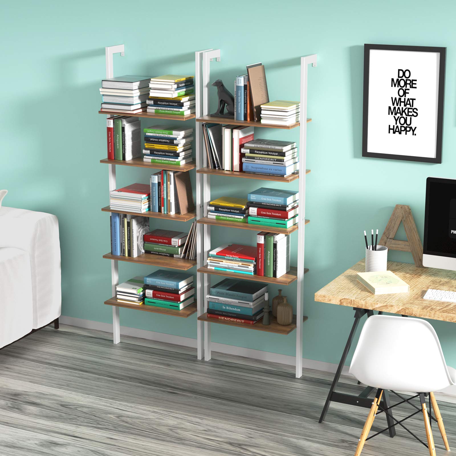 Tangkula Industrial Ladder Shelf Against The Wall, 5-Tier Wall Mount Ladder Bookshelf with Metal Frame