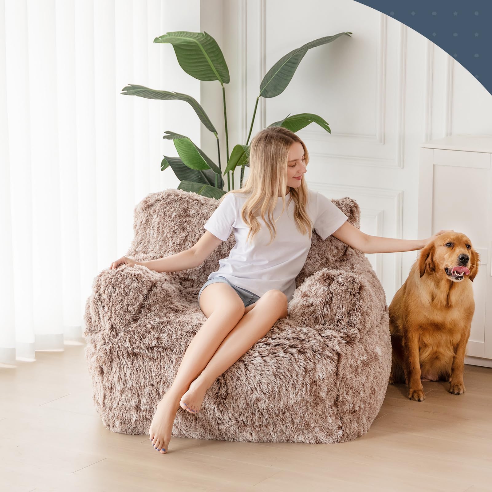 MAXYOYO Giant Bean Bag Chair, Faux Fur Stuffed Bean Bag Couch for Living Room, Coffee