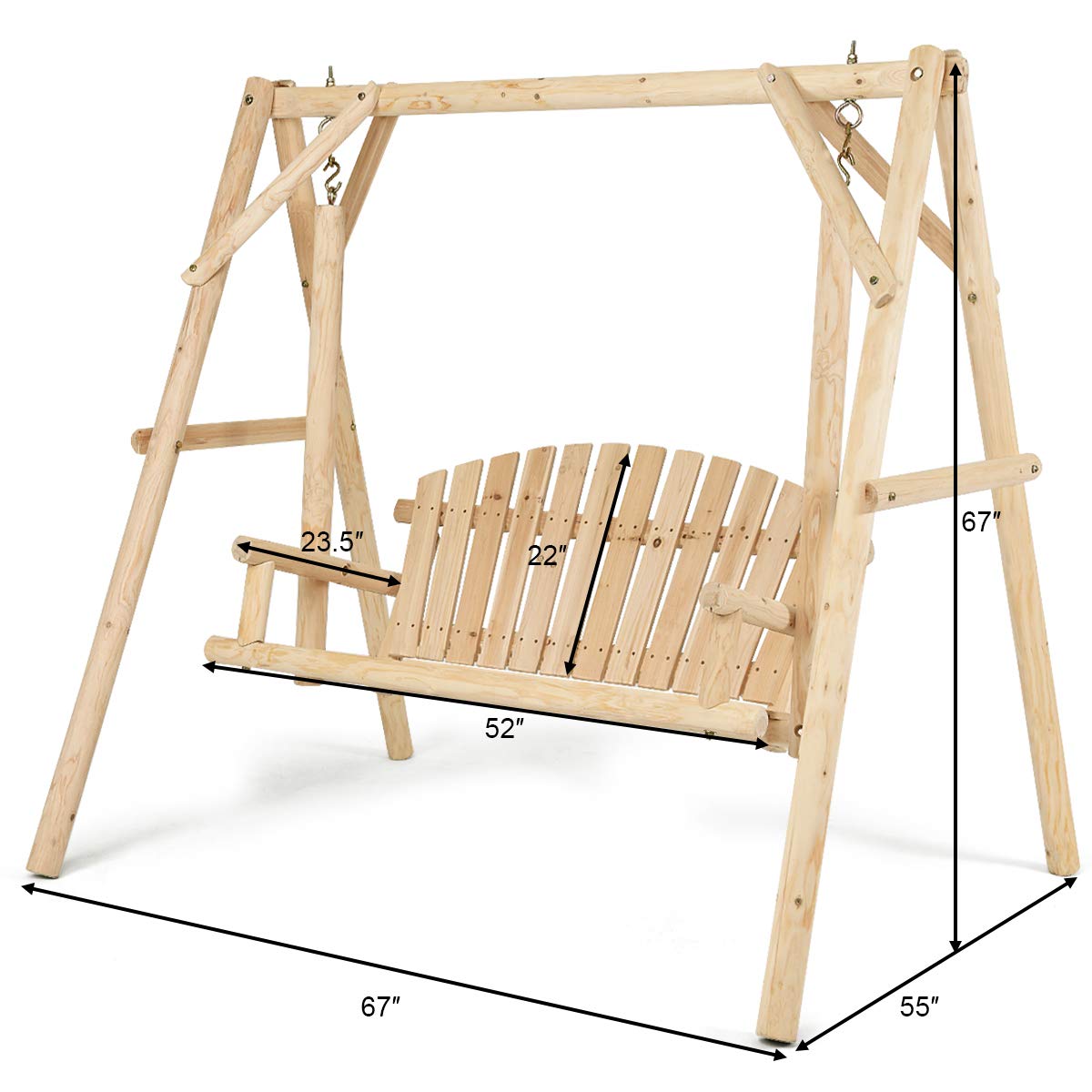 Tangkula Wooden Porch Swing, A-Frame Wood Log Swing Bench Chair