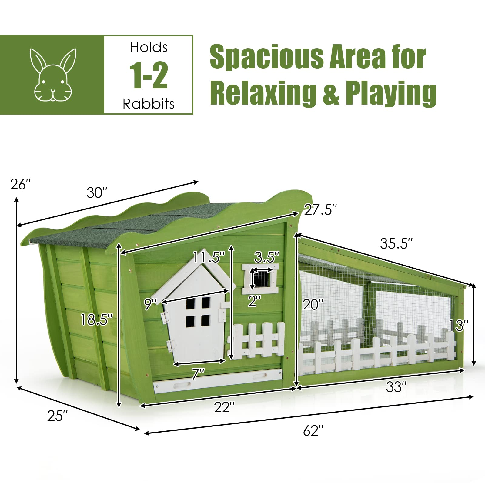 62 Inch Wooden Rabbit Hutch, Outdoor Chicken Coop with Asphalt Roof, Removable Tray