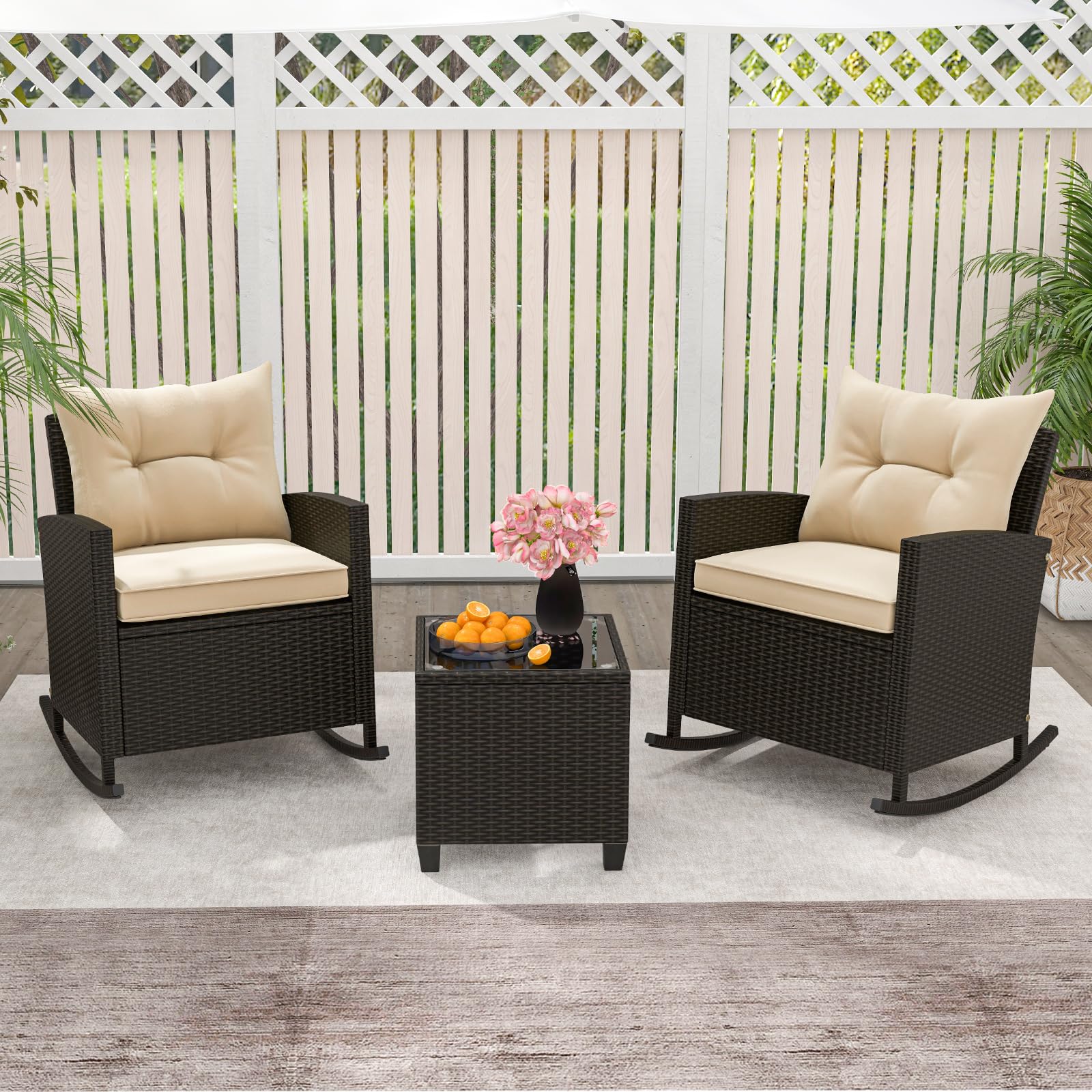 Tangkula 3 Piece Wicker Rocking Set, Patio Rattan Roker Chairs with Tempered Glass Table & Soft Cushions