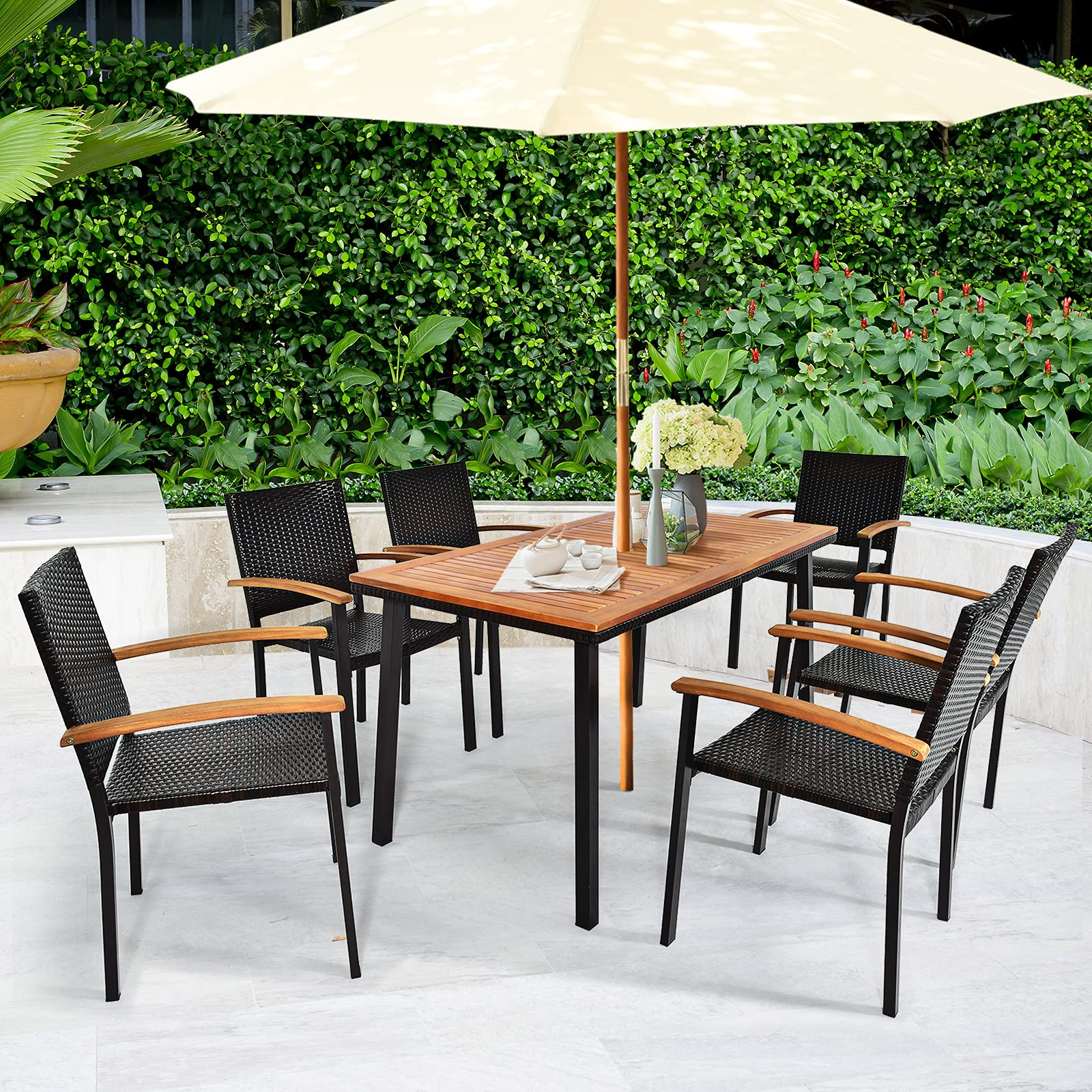 Tangkula 7 Pieces Patio Dining Set, Modern Conversation Set Umbrella Hole for Backyard Garden Poolside