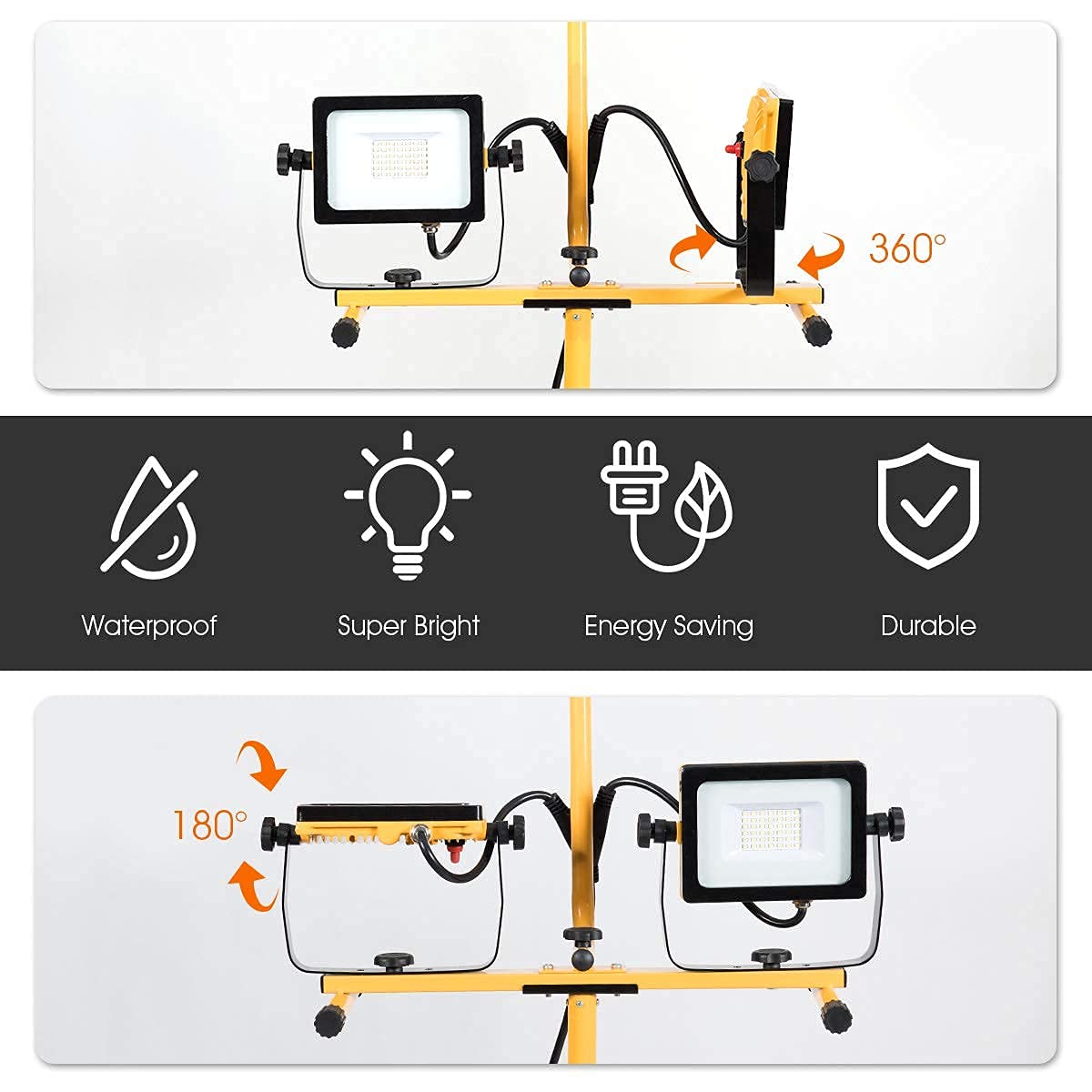 Tangkula 6000/10000/20000 Lumen LED Dual-Head Work Light, Adjustable Metal Telescopic Tripod Stand