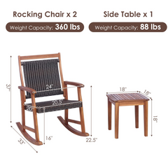 Tangkula 3 Pieces Patio Rocking Chair Set, Patiojoy Acacia Wood Rocker with Side Table, Outdoor Rocking Chairs with Wicker Rattan Seat & Backrest