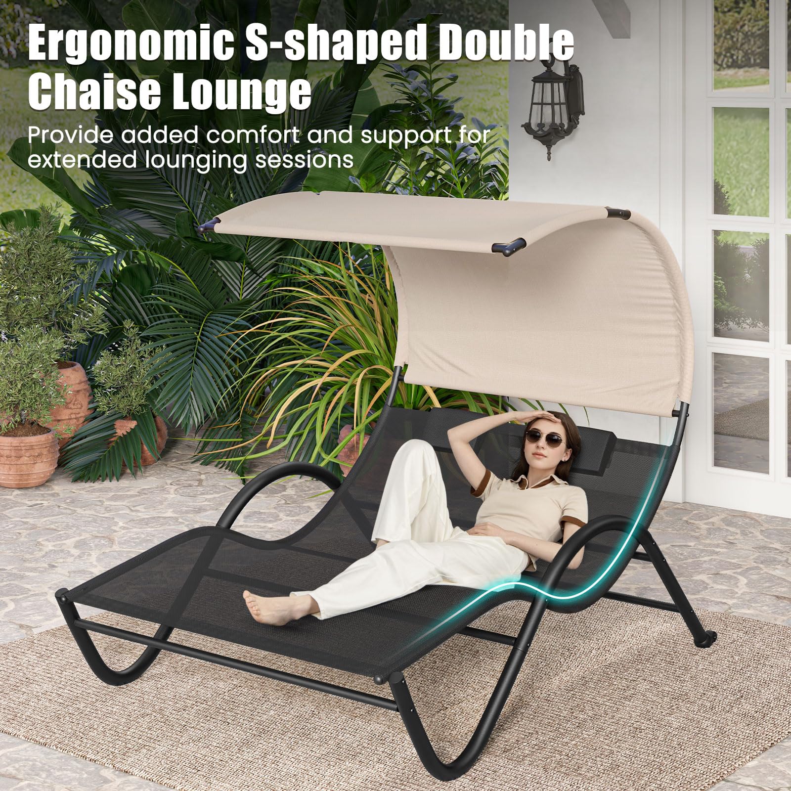 Tangkula 2 Person Lounge Chair with Adjustable Canopy, Outdoor Chaise Lounge with 2 Detachable Pillows