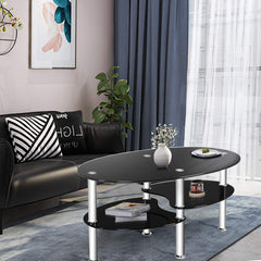 Glass Coffee Table, 2-Tier Modern Oval Smooth Glass Tea Table End Table