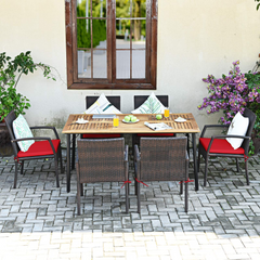 Tangkula 7 Pieces Patio Dining Set, Acacia Wood Wicker Dining Furniture Set with Sturdy Steel Frame & Umbrella Hole