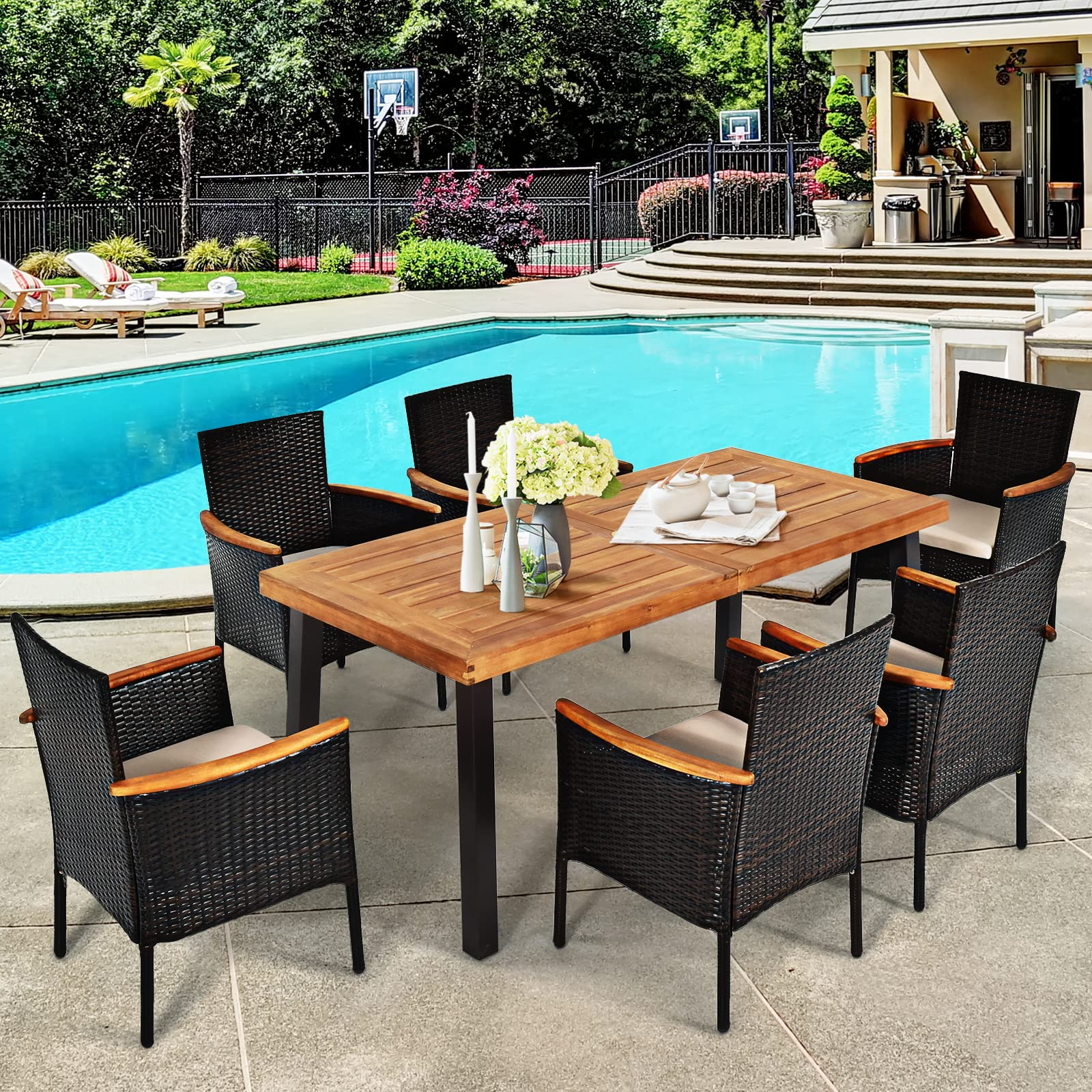 Tangkula 7 Pieces Patio Dining Set, Patiojoy Outdoor Conversation Set w/Acacia Wood Top Table & 6 Stackable Rattan Chairs