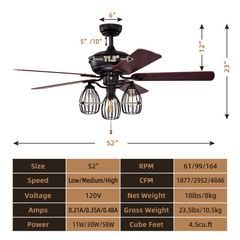 Tangkula 52-Inch Ceiling Fan with Lights, Industrial Ceiling Fan w/ 5 Iron Blades & 3 Cage Lights