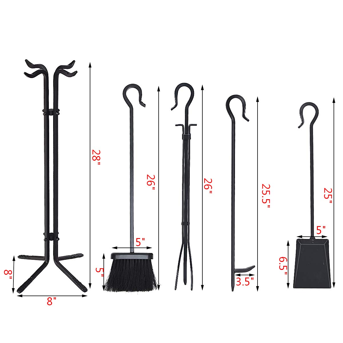 Tangkula 5 Pieces Fireplace Tools Wrought Iron Toolset 4 Tools & Decor Holder Indoor Outdoor Tong