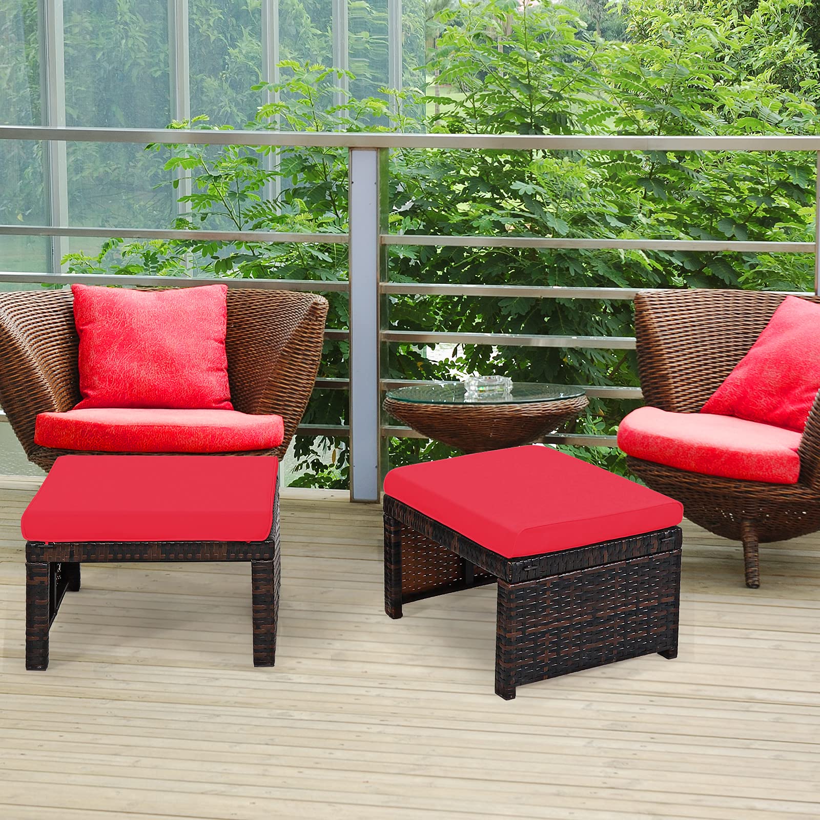 2 Pieces Patio Rattan Ottomans, All Weather Outdoor Footstool Footrest Seat with Soft Cushion