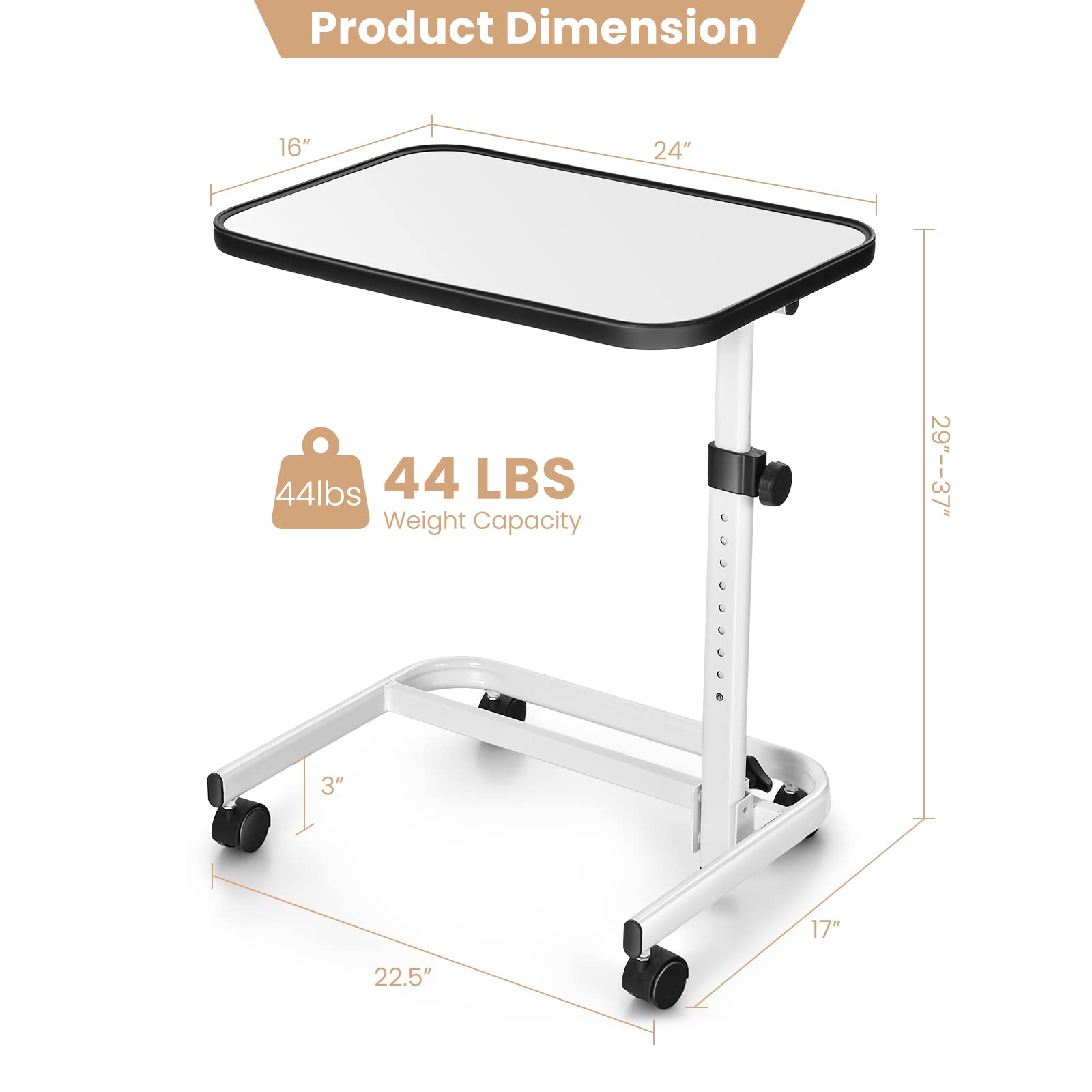 Tangkula Overbed Table with Wheels, Rolling Bedside Table with 9-Level Adjustable Height 29”-37”