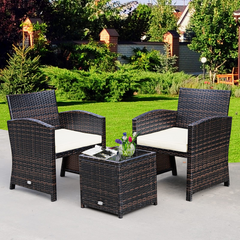 Tangkula 3-Piece Outdoor PE Rattan Furniture Set, Patio Conversation Set w/Chair & Storage Coffee Table