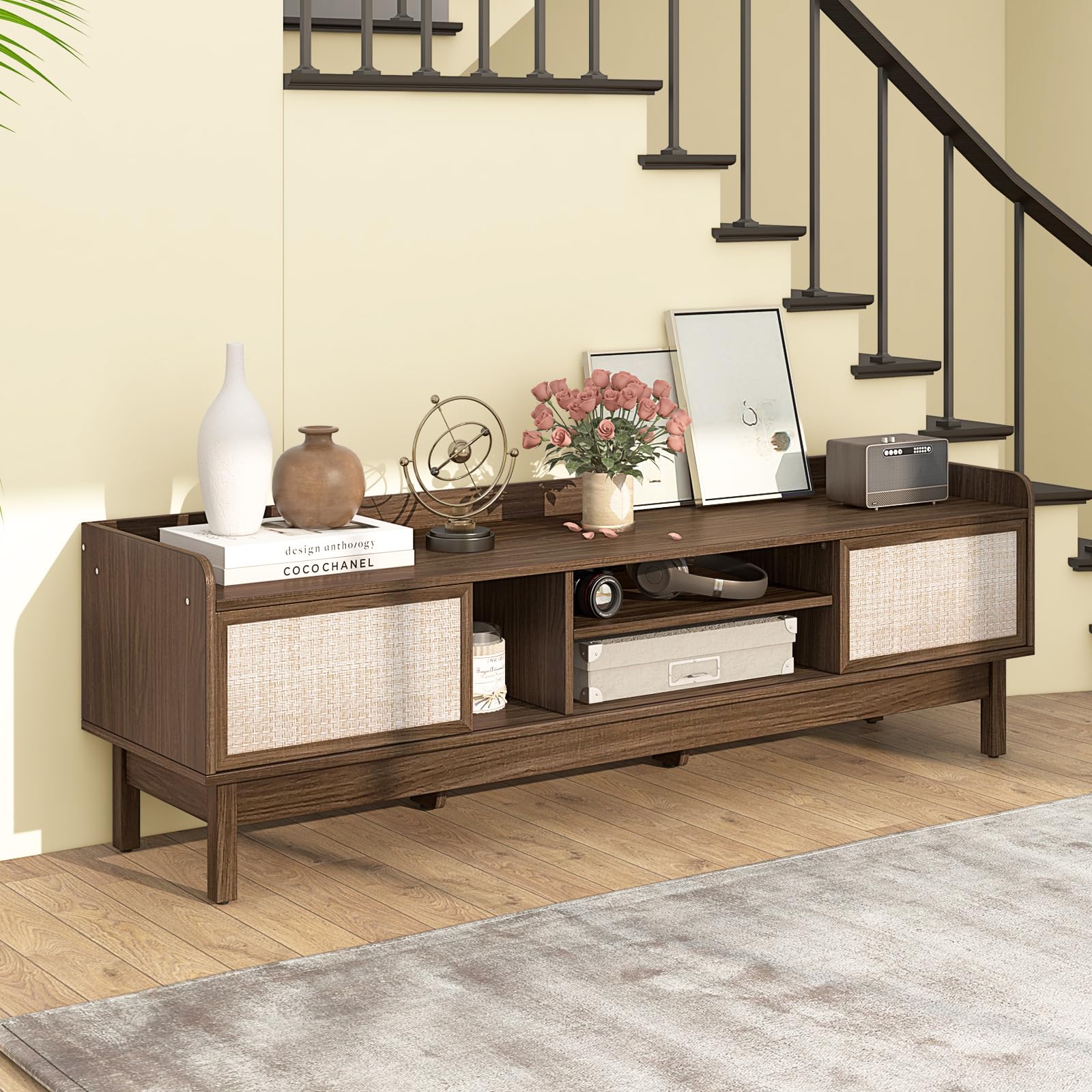 Tangkula Farmhouse TV Stand for TVs up to 65”, Mid Century Modern TV Console Table w/Storage (Walnut, 59”L, up to 65"TV)