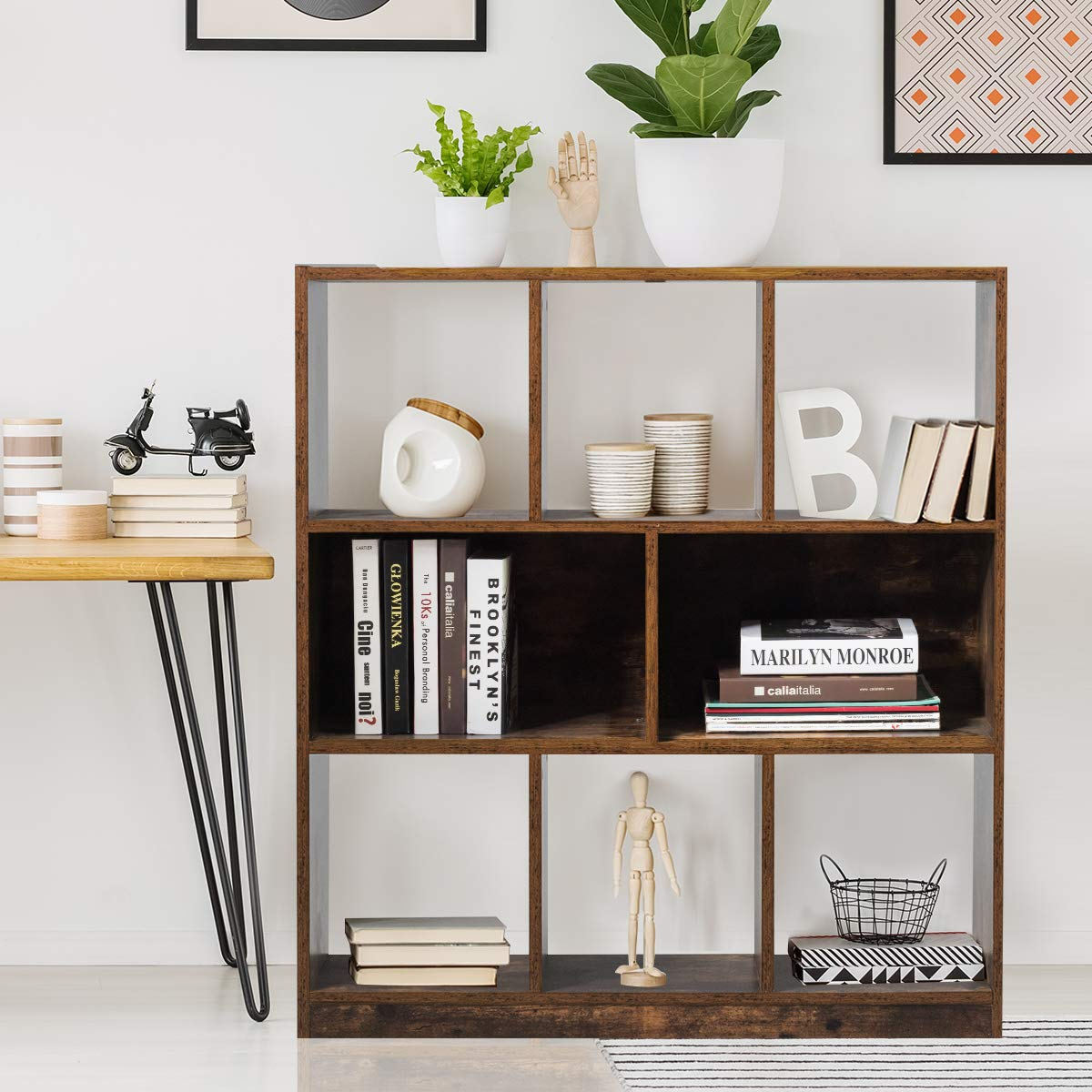 Tangkula 8 Cubes Industrial Wooden Bookcase, Freestanding Bookshelf with Open Shelves