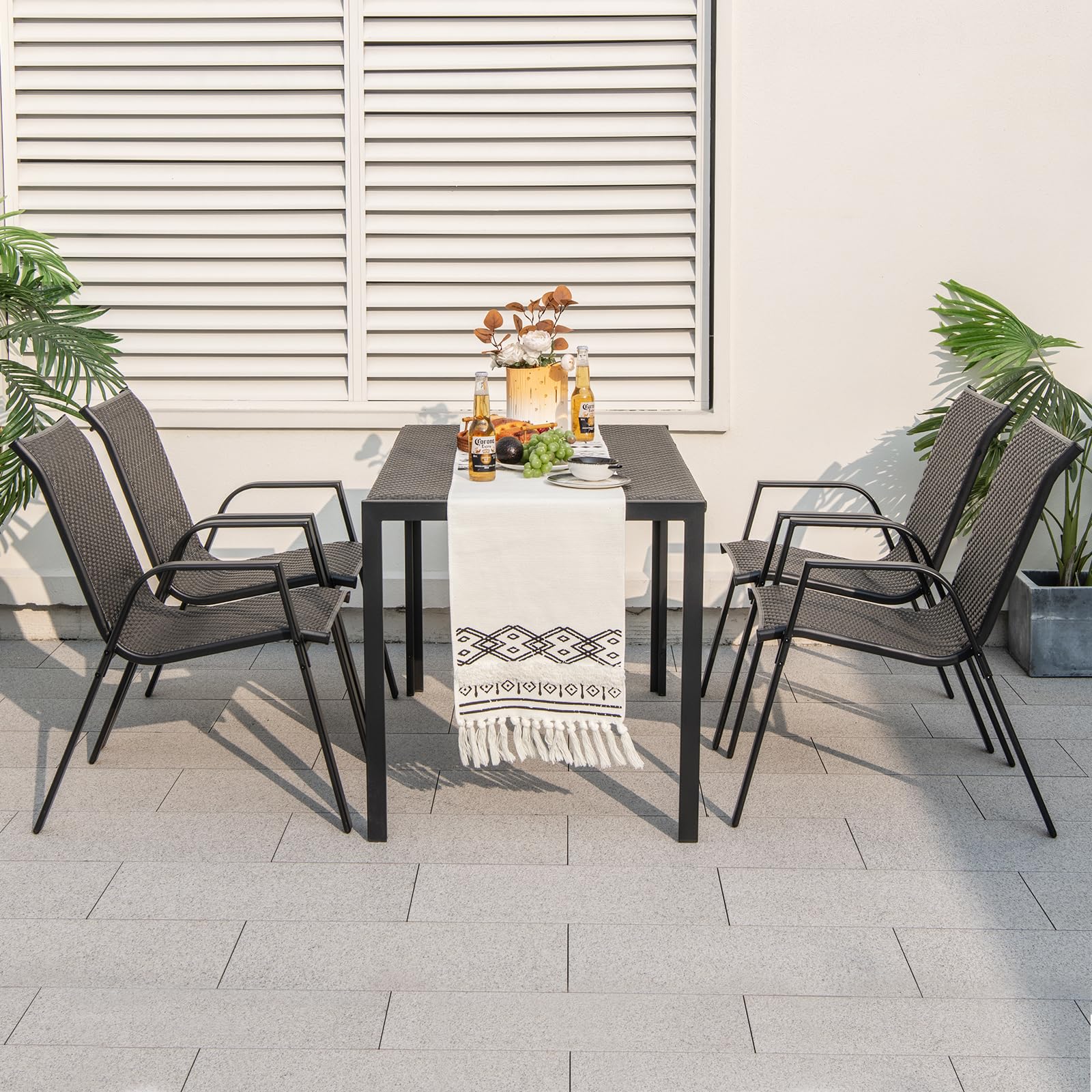 Tangkula 5 Piece Patio Rattan Dining Set, Outdoor Table & Chairs Set for 4, Machine Woven Wicker Tabletop & Seat (Brown)