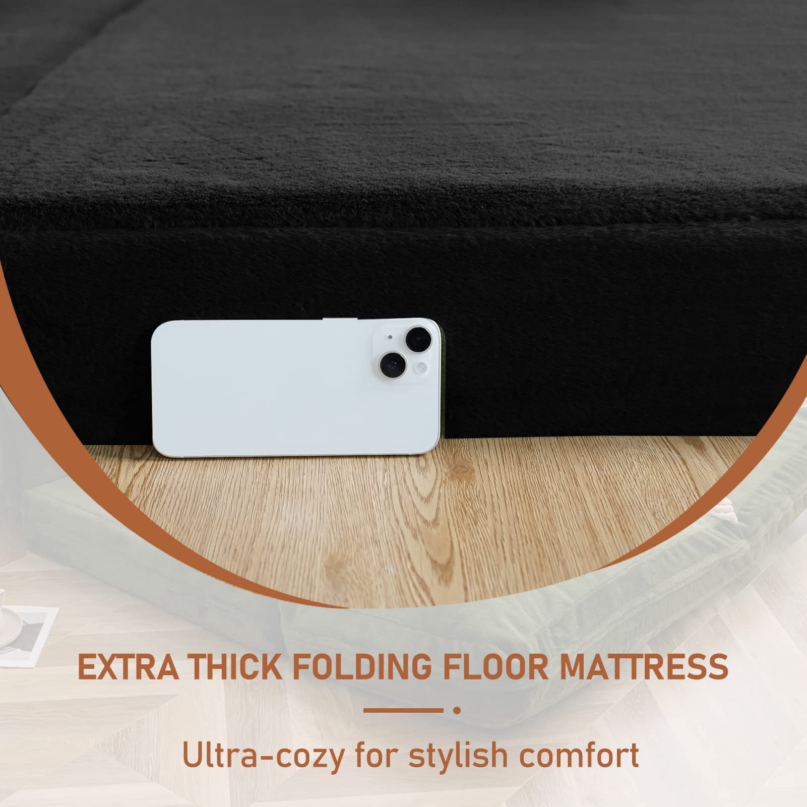 MAXYOYO Bean Bag Folding Sofa Bed, Floor Mattress Extra Thick Floor Sofa with Faux Fur Washable Cover, Black