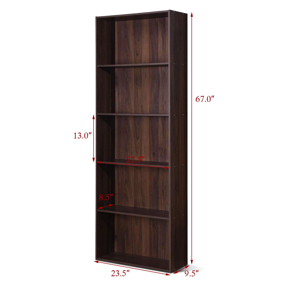 Tangkula 5-Shelf Bookcase, 23.5''L x 9.5''W x 67''H