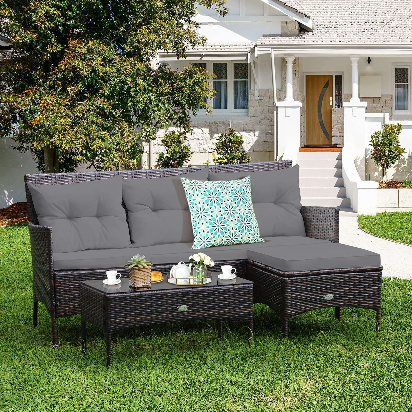 3 Pieces Patio Conversation Set, Outdoor PE Rattan Wicker Furniture Set