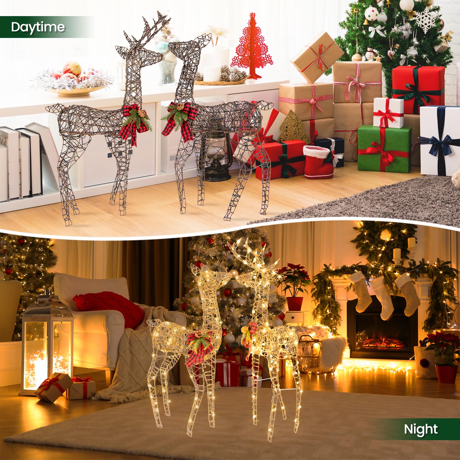 Tangkula 2 Pieces Lighted Christmas Reindeer Family Set with 230 LED Lights