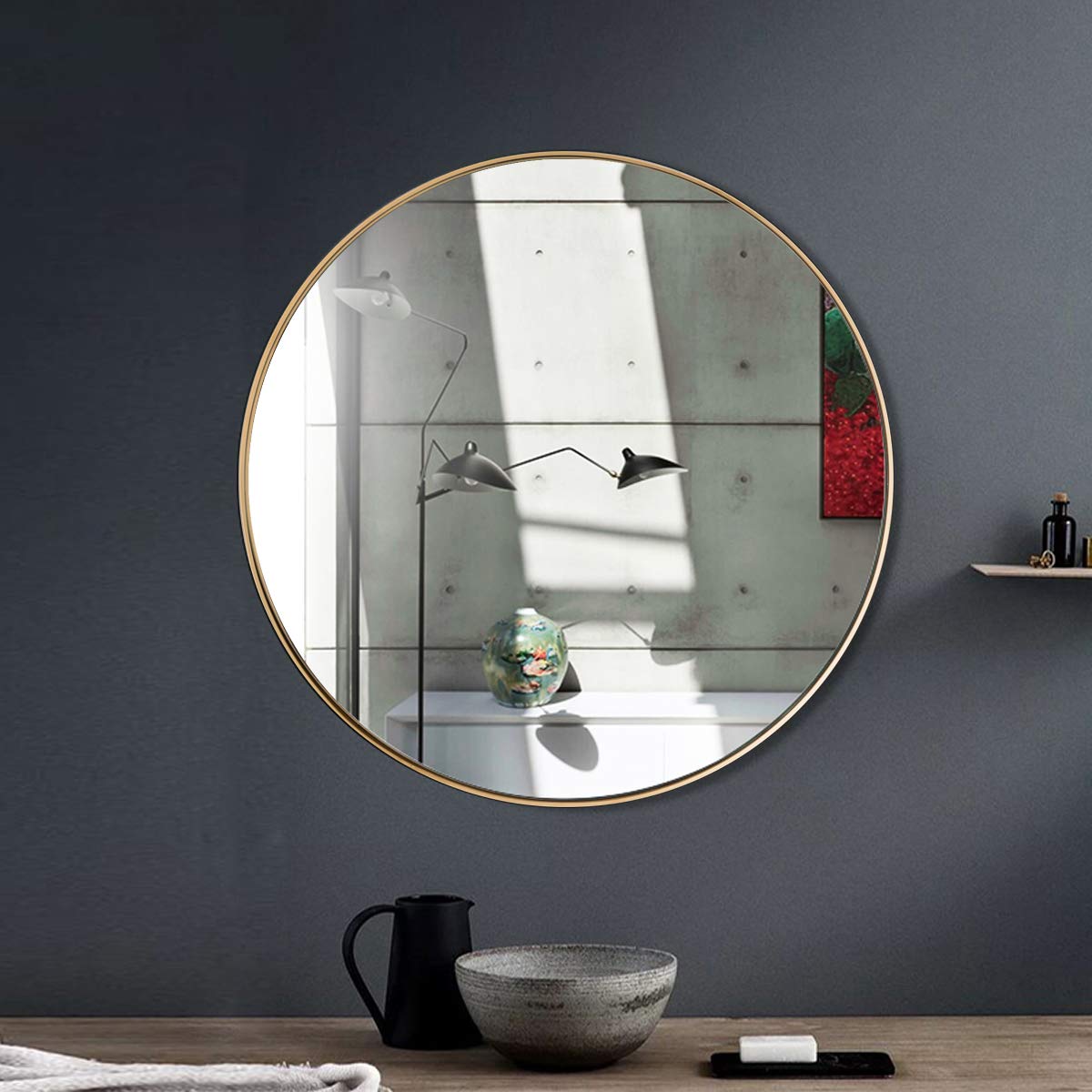 Round Wall Hanging Mirror, 27.5 Inch Bathroom Round Mirror