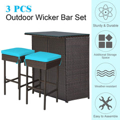 Patio Bar Set, 3 Piece Outdoor Rattan Wicker Bar Set with 2 Cushions Stools & Glass Top Table