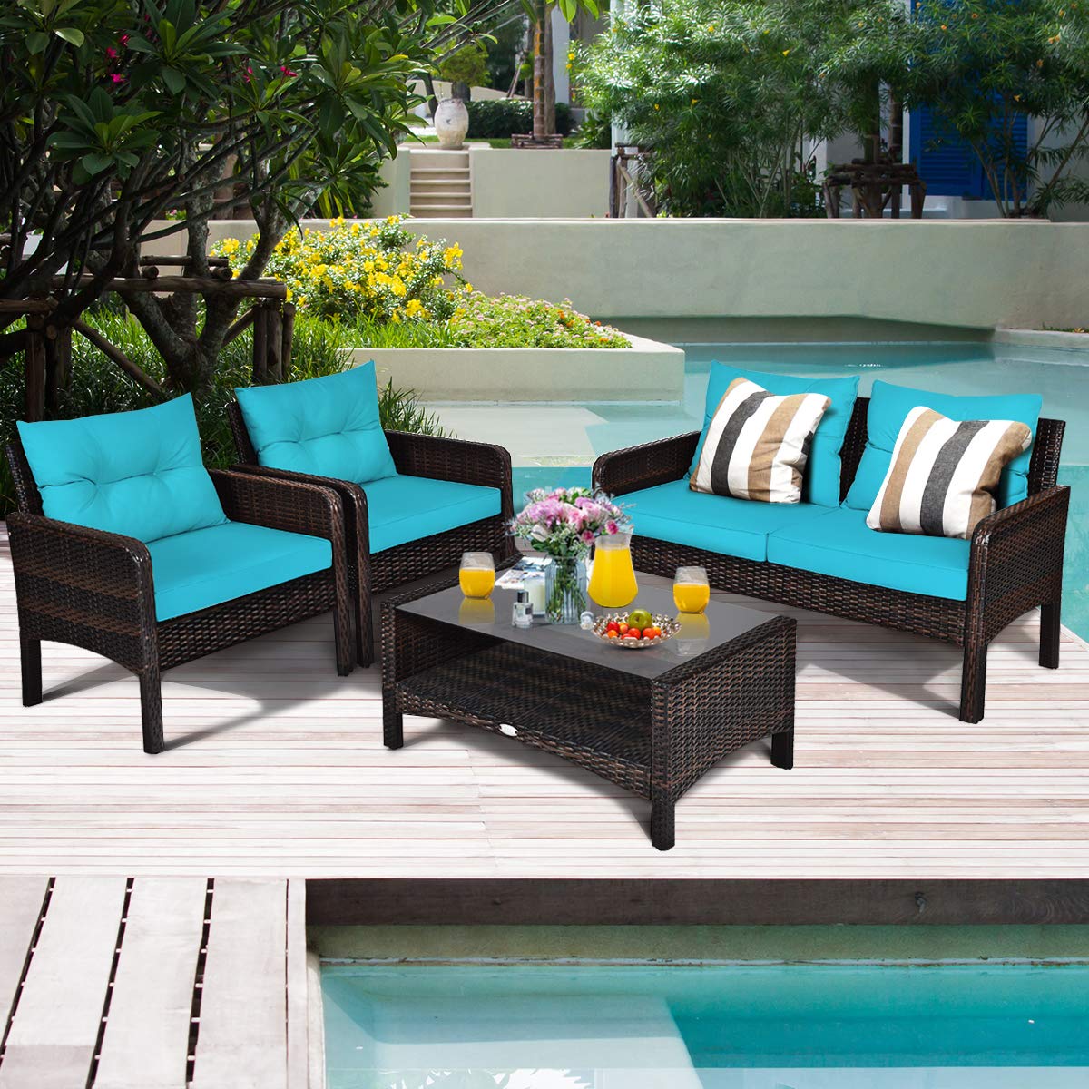 4 Piece Patio Furniture Set, Outdoor Wicker Conversation Set with Glass Top Coffee Table