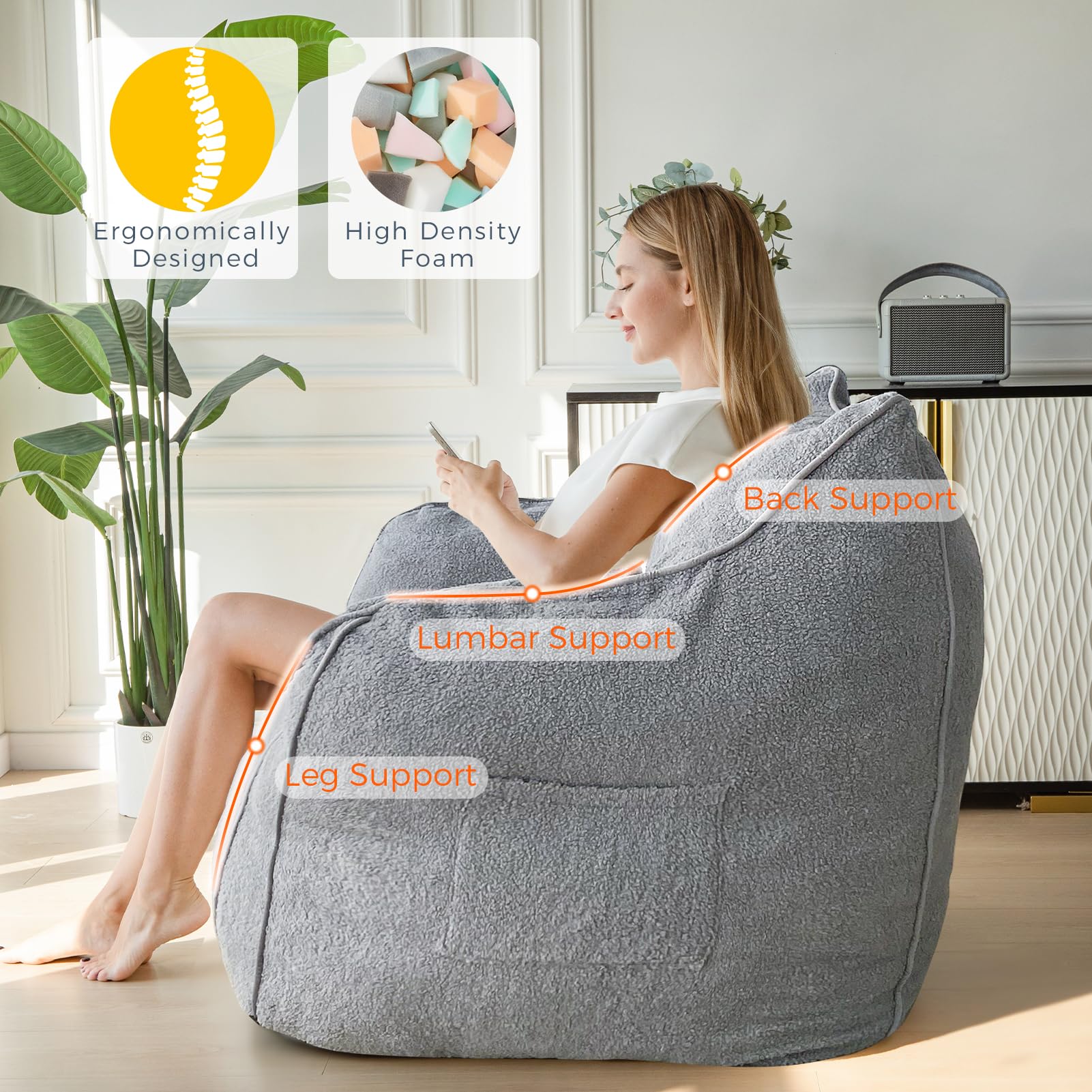 MAXYOYO Giant Bean Bag Chair for Adults, Large Fluffy Bean Bag Couch for Living Room with Decorative Edges, Grey