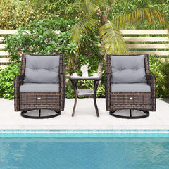 Tangkula 3 Pieces Outdoor Swivel Rocker Set, Rattan Wicker Patio Rocking Cushioned Chairs Set of 2 with Small Side Table