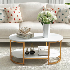 Tangkula Modern Coffee Table, 39” Oval Center Table w/White Faux Marble Top & Gold Finished Metal Frame (Modern, White, 39 Inch)