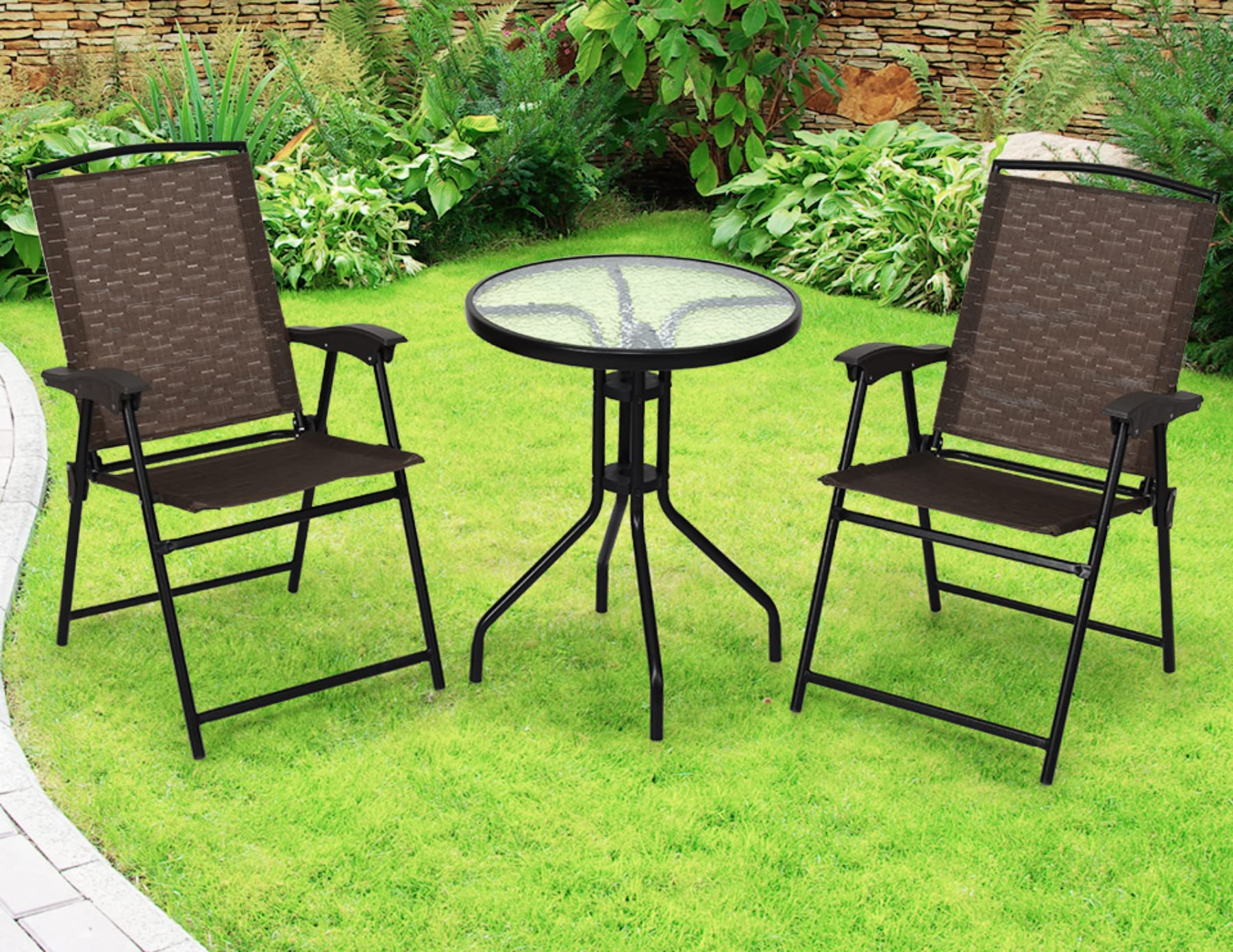 Tangkula 3 Pieces Patio Bistro Set, Outdoor Folding Chairs & Table Set