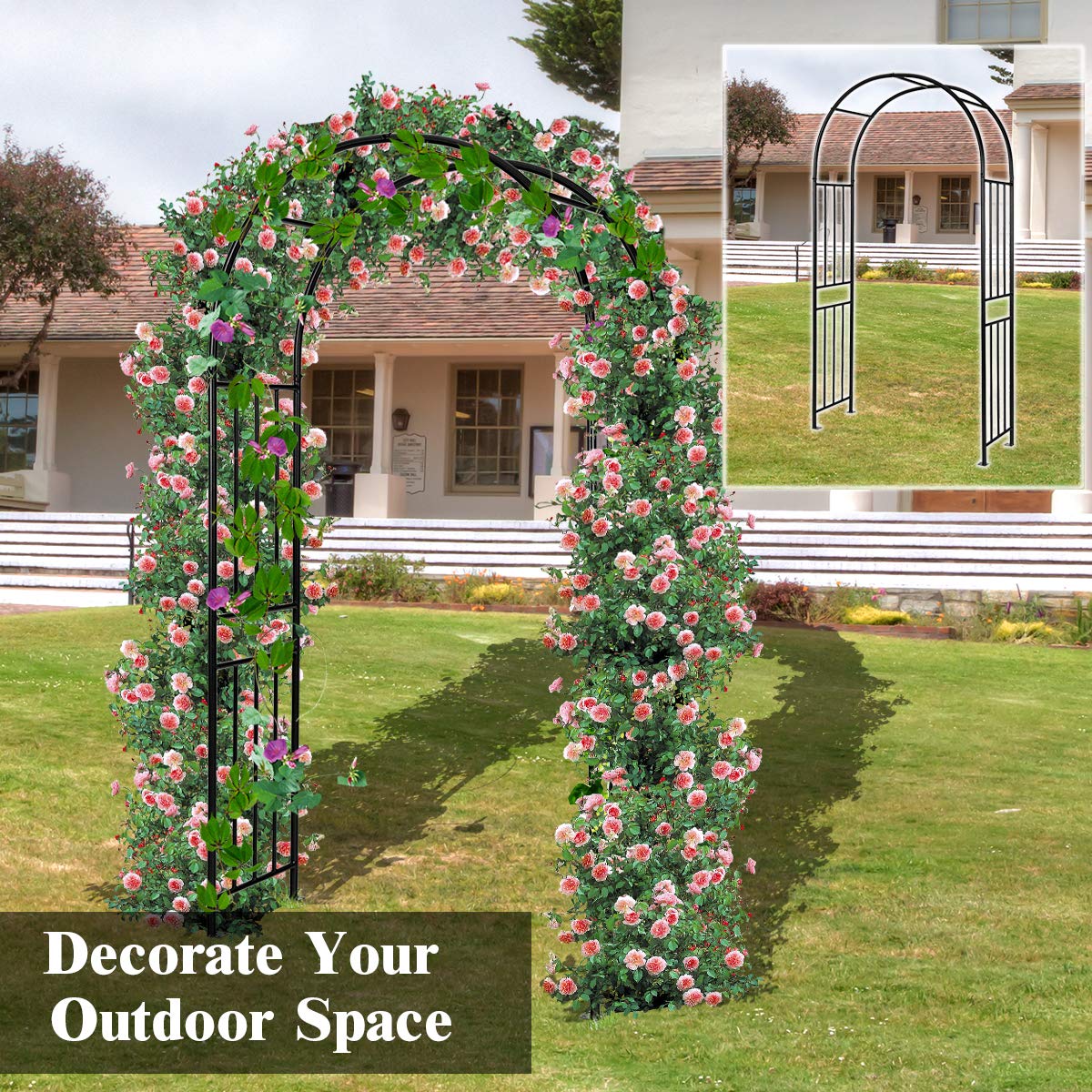 7.2 Ft Garden Arbor, Metal Trellis Arch for Climbing Plants, Indoor Outdoor Rose Arbor with Gate