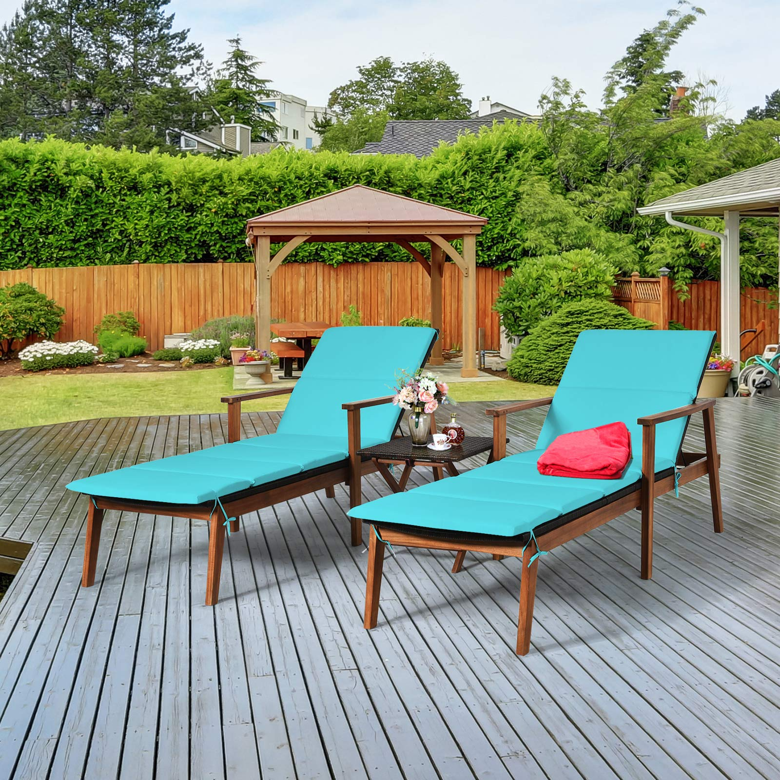 Tangkula Patio Chaise Lounge Sets, Outdoor Acacia Wood Chaise Lounger Chair