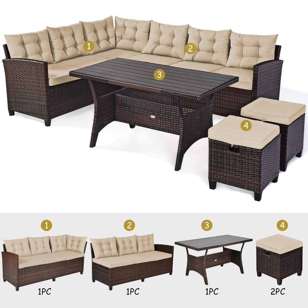 Tangkula 5 PCS Patio Furniture Set, Outdoor Conversation Set with 6 Cushioned Seat 2 Ottomans & Coffee Table