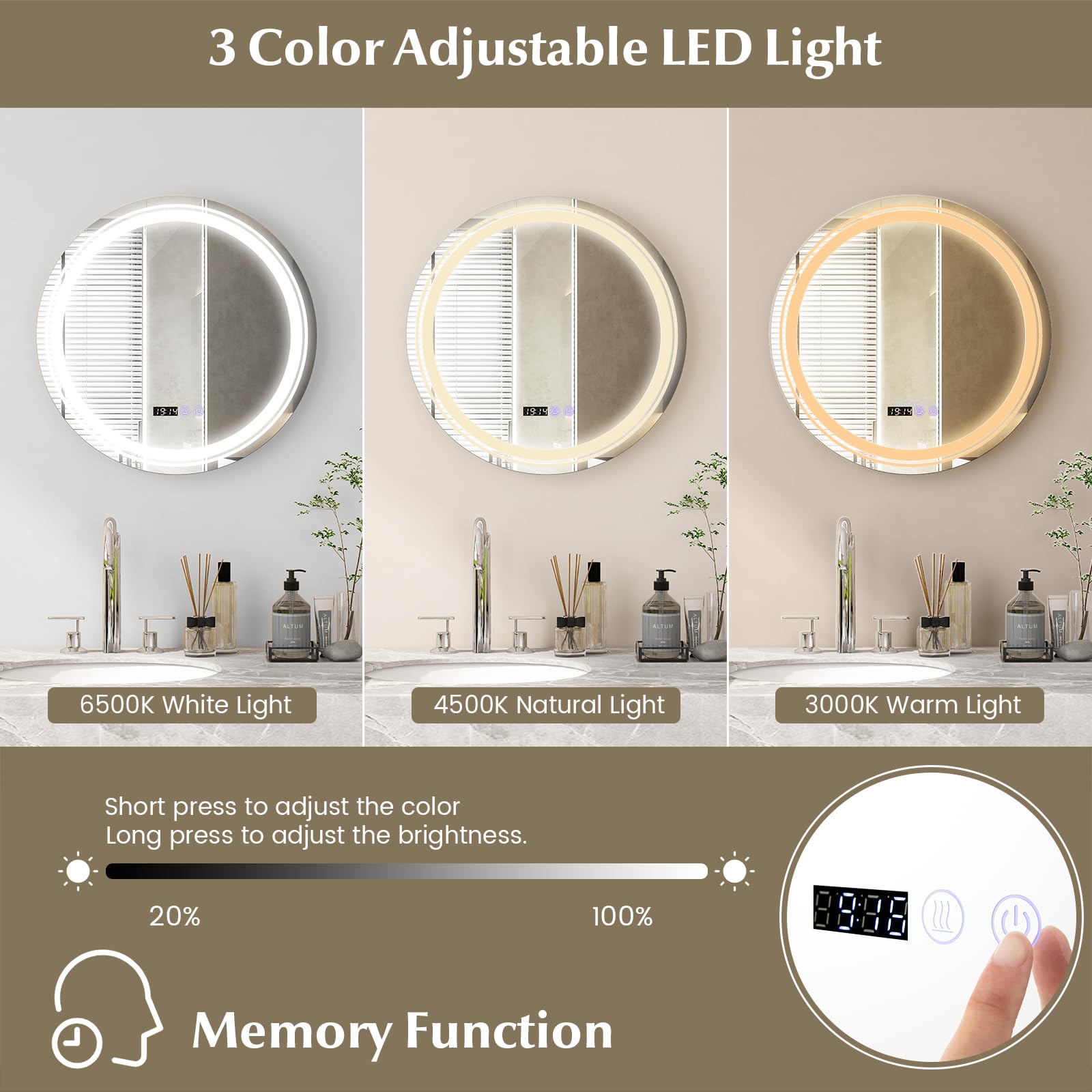 Tangkula Round Led Bathroom Mirror