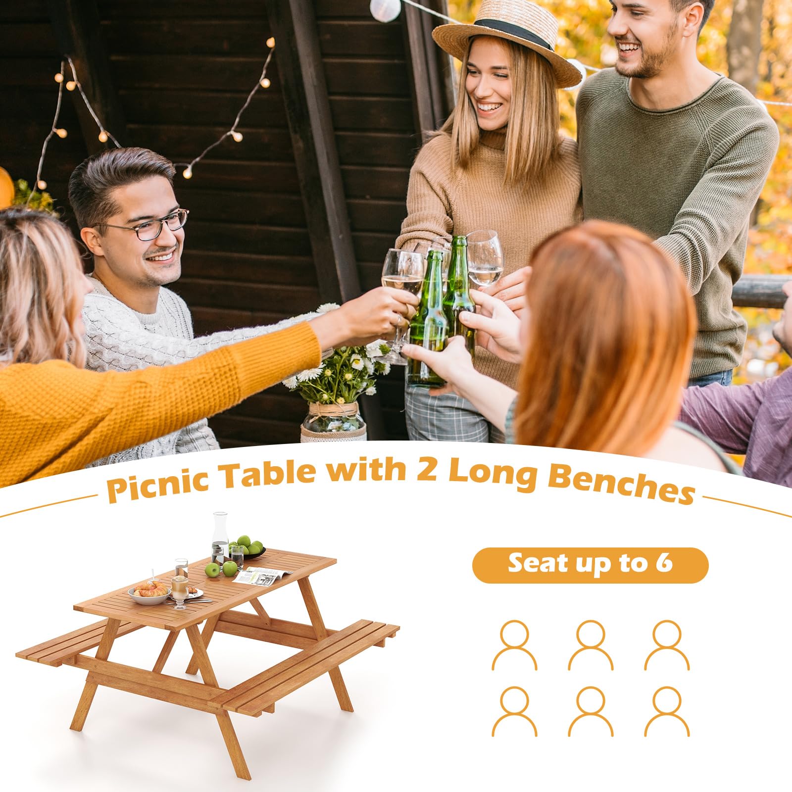 Tangkula Picnic Table with 2 Benches, Outdoor Hardwood Picnic Table Bench Set with 2-Inch Umbrella Hole, Slatted Tabletop & Seat