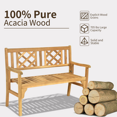 Tangkula Foldable Garden Acacia Wood Bench, Folding Patio Bench with Solid Hard Wood Structure,Locks, Wide Armrest & Backrest