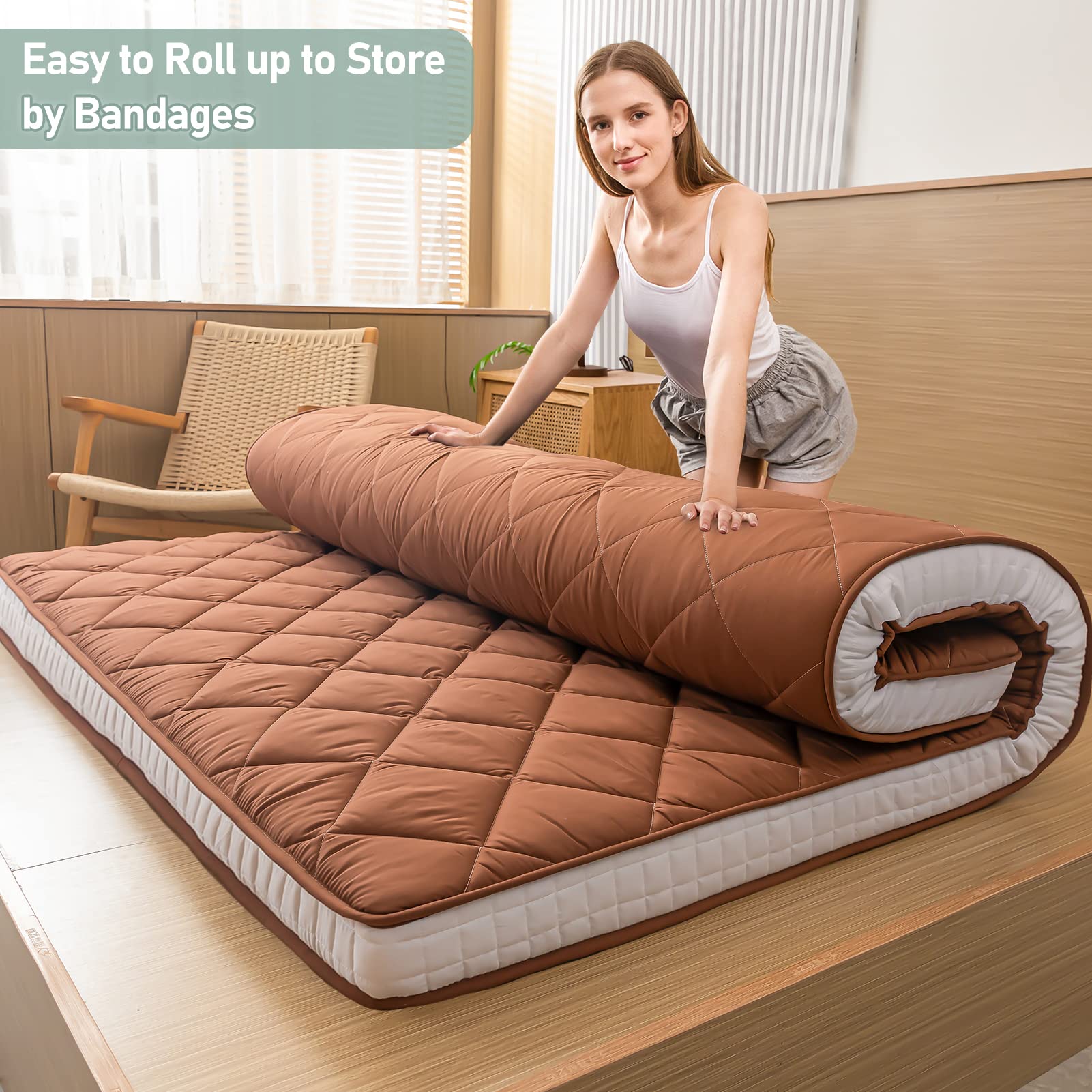 MAXYOYO Japanese Floor Futon Mattress, Diamond Patterned Roll Up Folding Floor Bed, Coffee