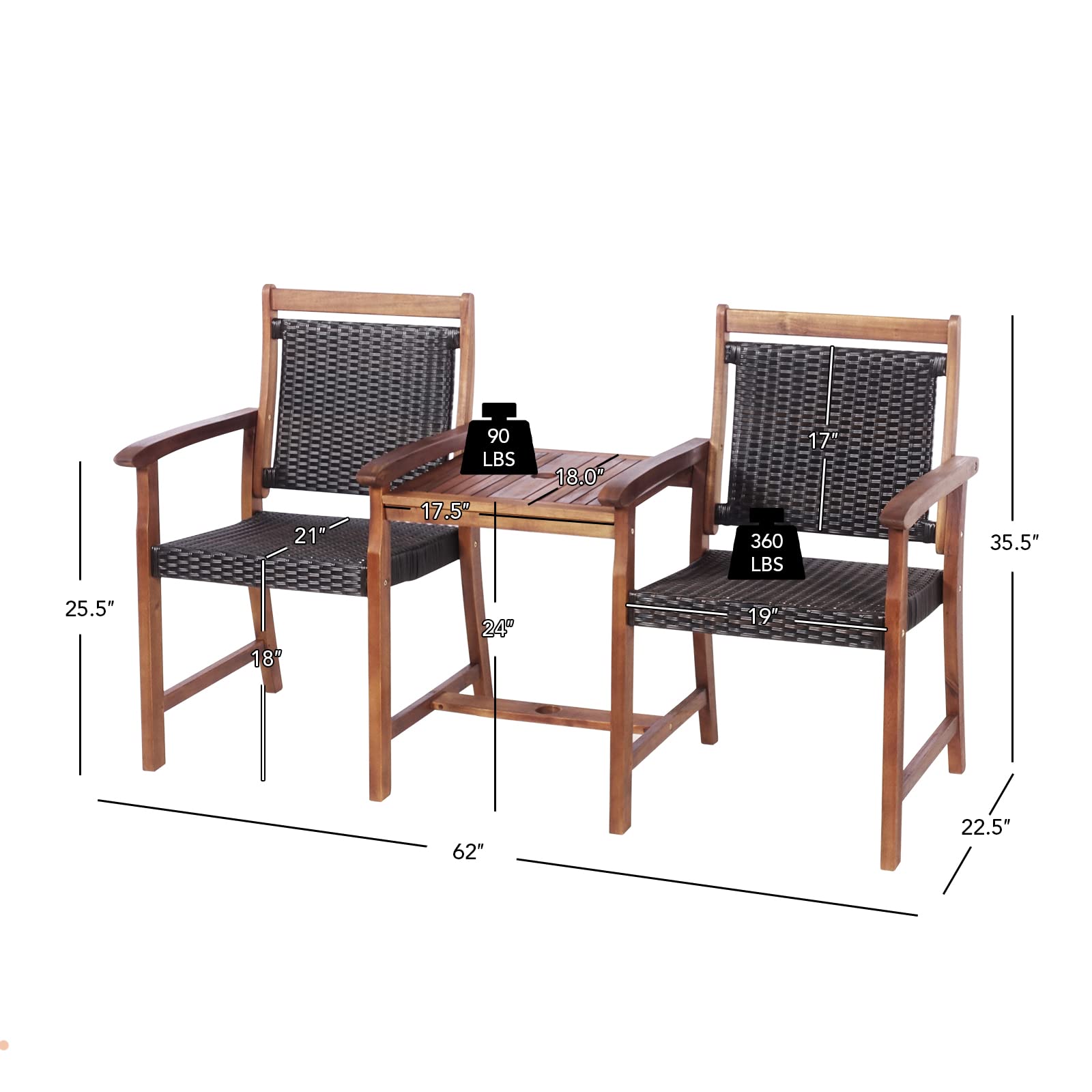 Acacia Wood Garden Bench, Patiojoy Rattan Companion Loveseat Chair with Coffee Table and Parasol Hole