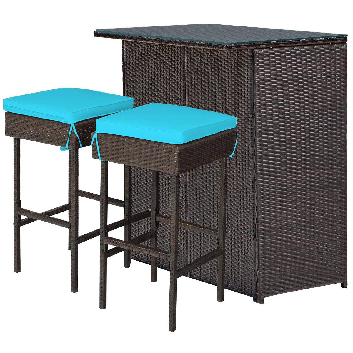 Patio Bar Set, 3 Piece Outdoor Rattan Wicker Bar Set with 2 Cushions Stools & Glass Top Table