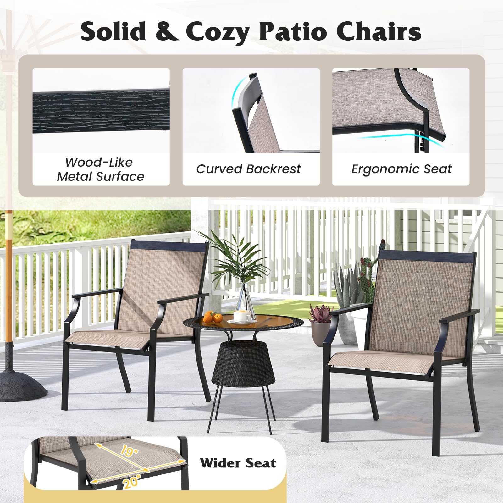 Tangkula Patio Dining Chairs Set of 2, Large Outdoor Chairs with Breathable Seat & Metal Frame